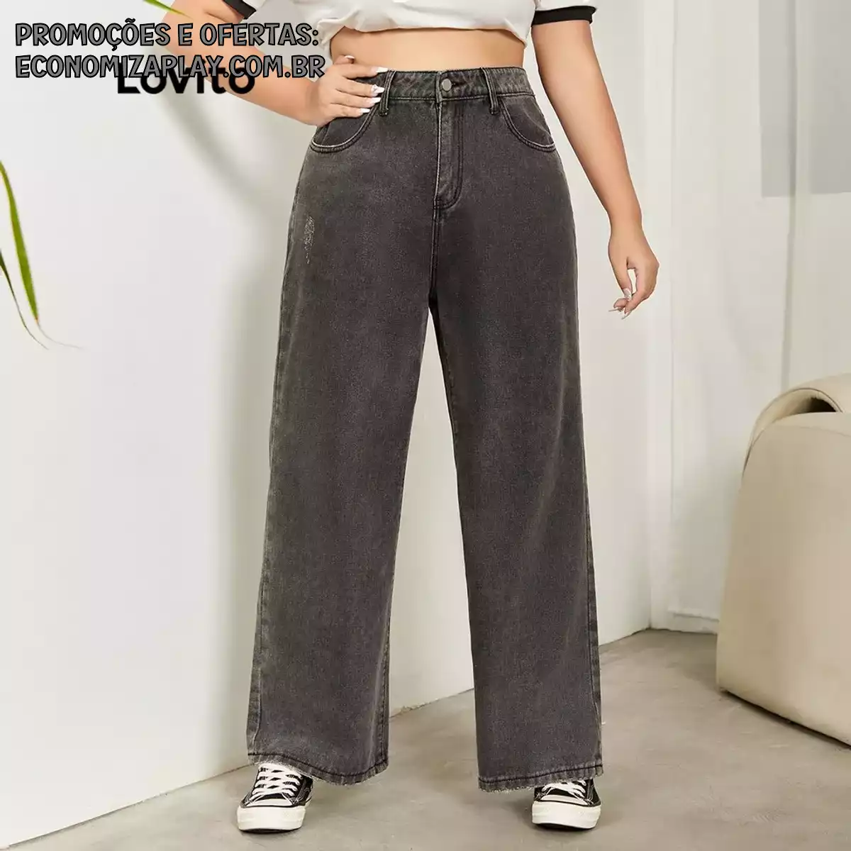 Lovito Calças Plus Size Jeans Feminina Com Zíper Casual Liso Com Botão LPS03063 Cinza Escuro