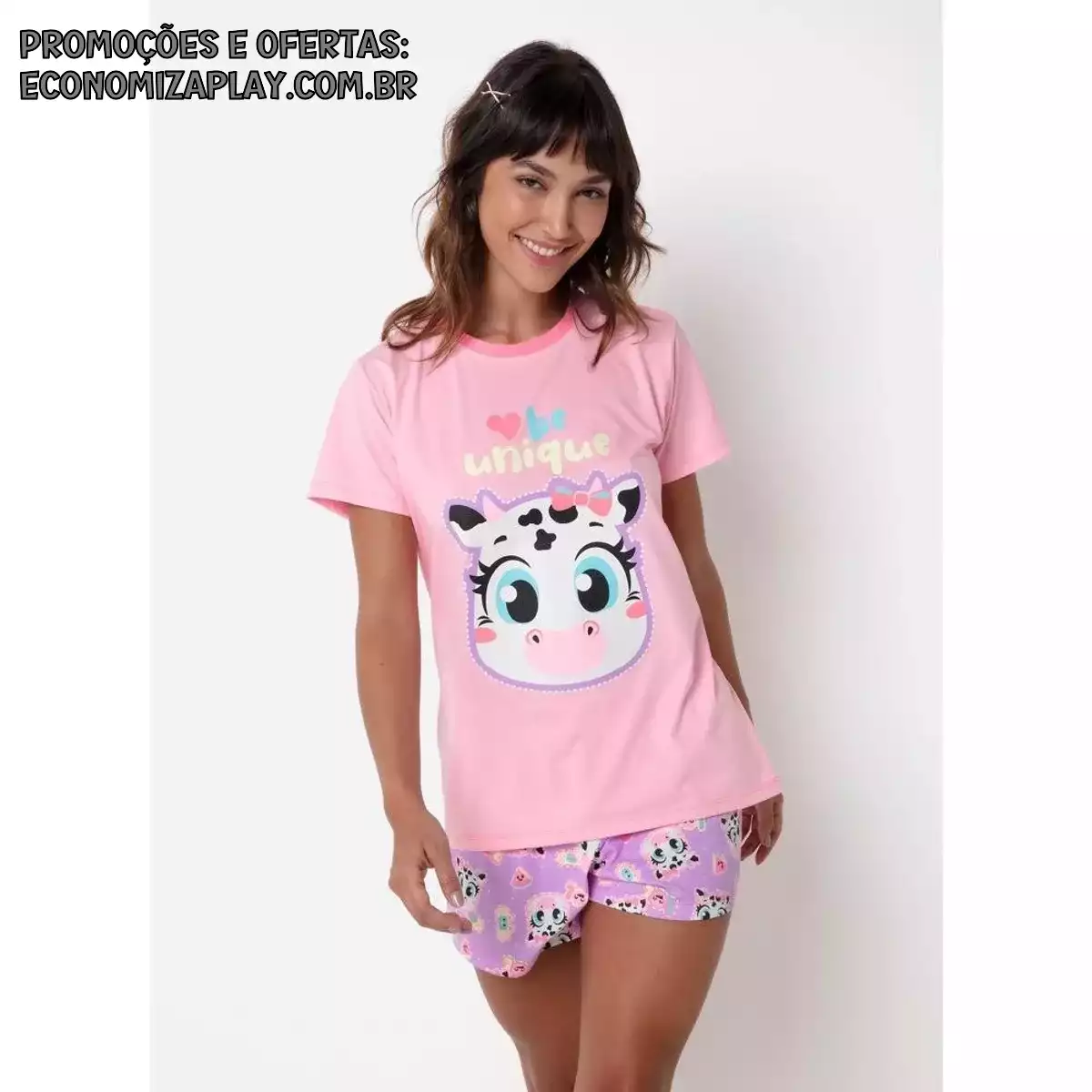 Pijama Manga Curta Algodão Feminino Vaca Patches Puket