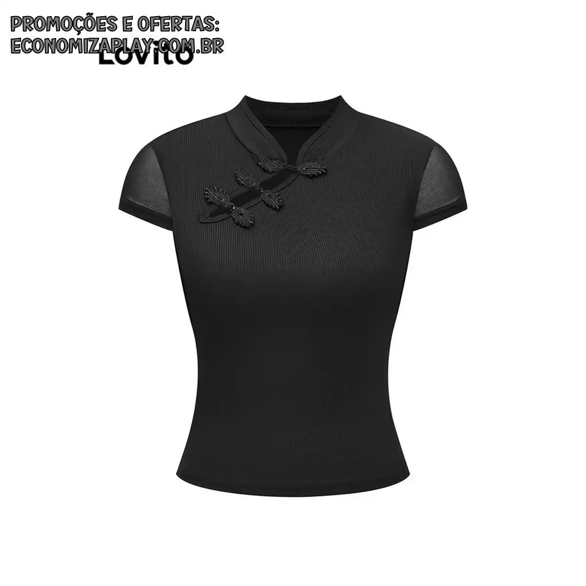 Lovito Casual Camiseta Feminina Lisa com Botão e Nó LBL09229