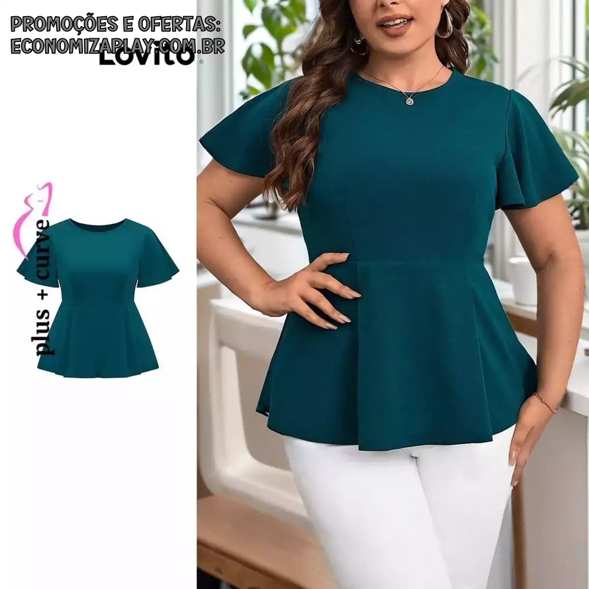 Lovito Plus Size Blusa Feminina Lisa Elegante com Bainha de Babados LBL09412