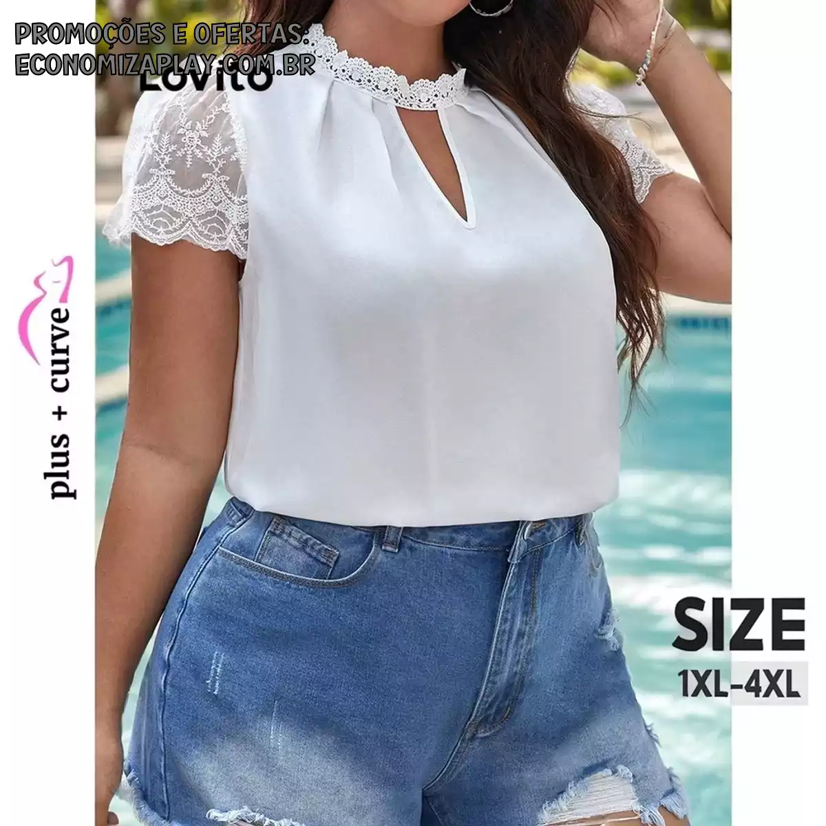 Lovito Plus Size Blusa Feminina Romântica Lisa com Recorte e Renda LBL09416