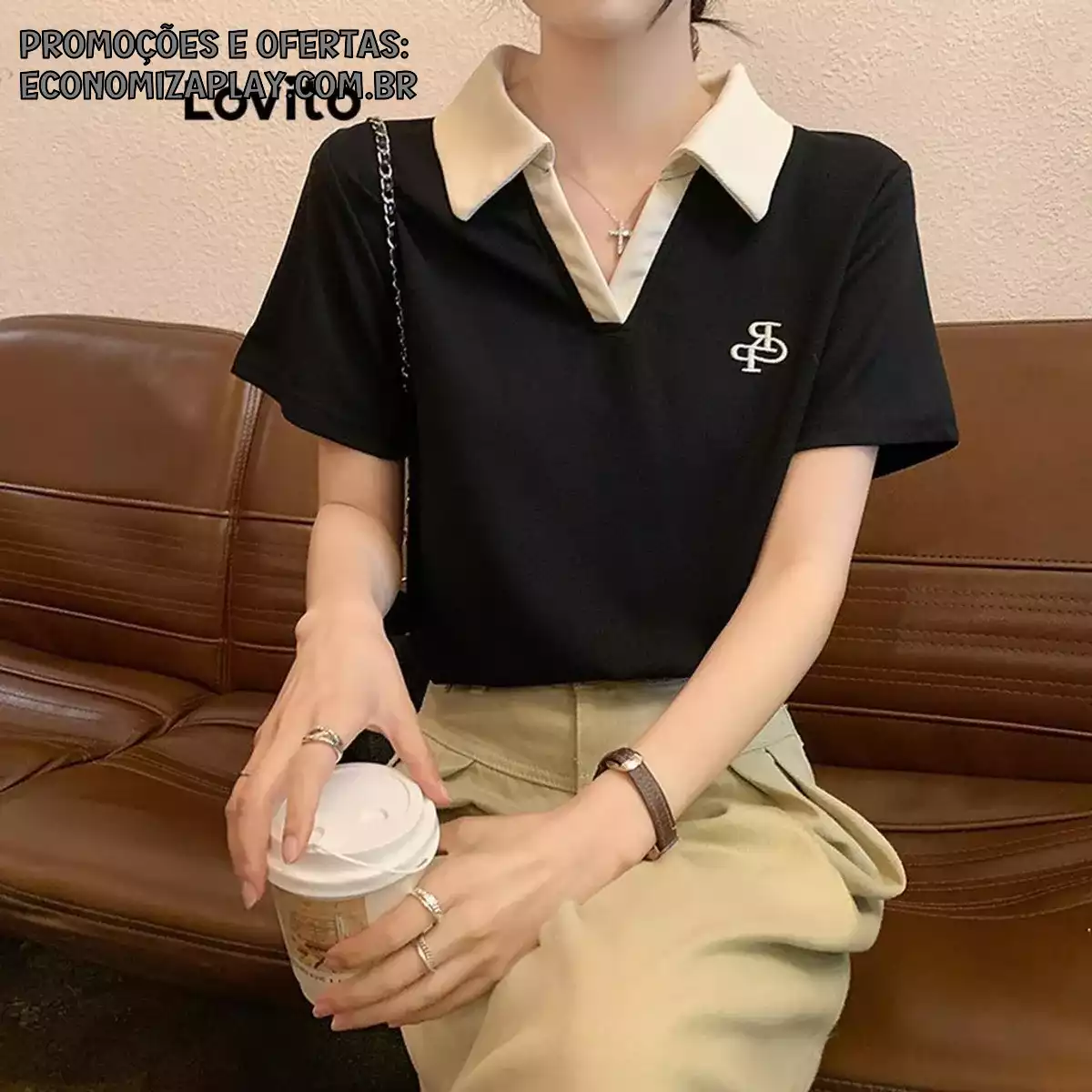 Lovito Camiseta casual lisa colorblock para mulheres LNE59471
