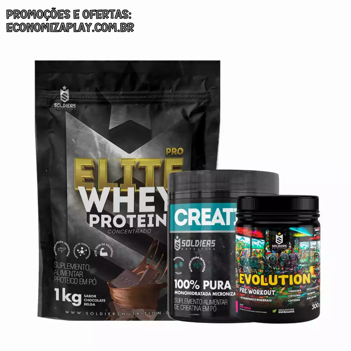Kit Whey Protein ElitePro 1kg Creatina Monohidratada Pote 300g 100 PuraPréTreino Evolution Pré Workout 300g So
