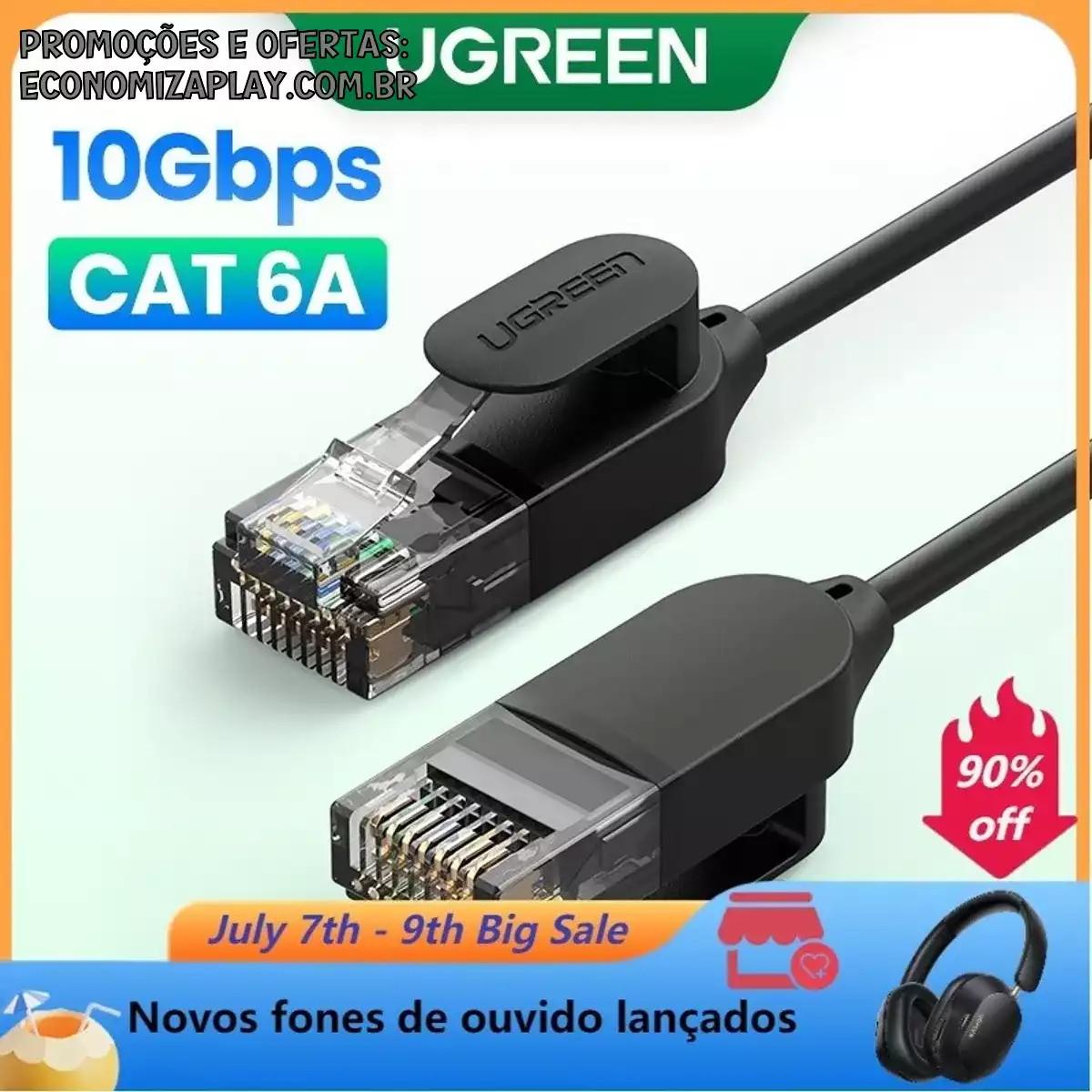 UGREEN Cabo Ethernet De Alta Velocidade CAT6A Ultra Slim 10 5gbps Gigabit De Rede RJ45 Patch LAN